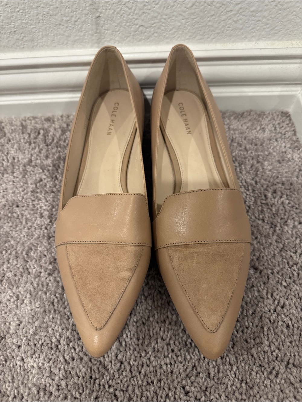 Cole Haan Beige Leather and Suede Pointed-Toe Flats
